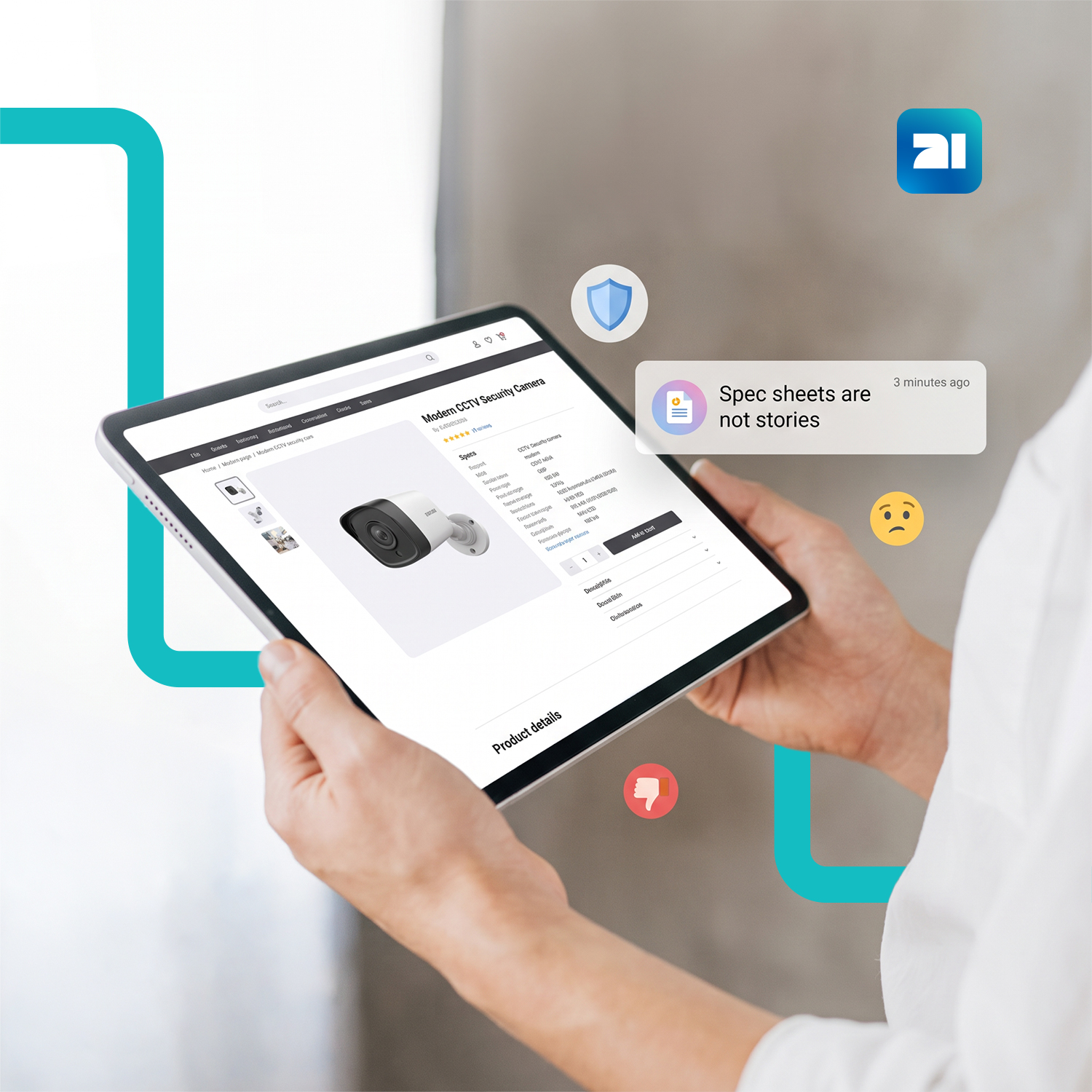 Hands holding a tablet showing a product spec sheet